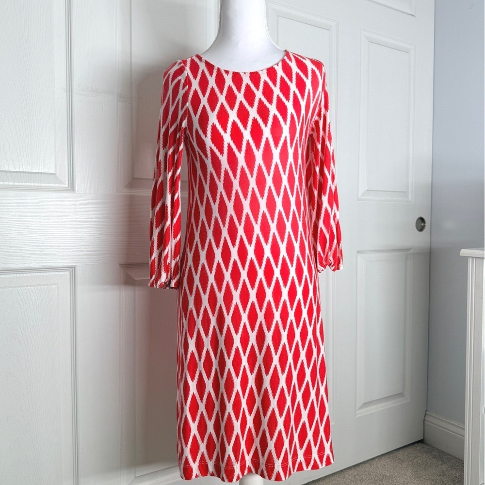 Hourglass Lilly Sheath Dress Womens Medium‎ Coral White Ikat Diamond Long Sleeve